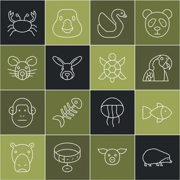 Set line Hedgehog, Fish, Macaw parrot, Swan bird, Rabbit head, Rat, Crab and Stock Illustration