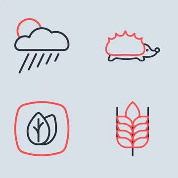 Set line Hedgehog, Leaf, Wheat and Cloud with rain and sun icon. Vector Stock Illustration