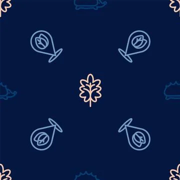 Set line Hedgehog, Location with leaf and Leaf on seamless pattern. Vector イラスト素材