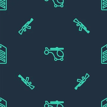 Set line Helicopter, Submachine gun and Chevron on seamless pattern. Vector Stock Illustration
