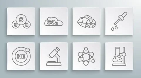 Set line Helium, CO2 emissions in cloud, Microscope, Atom, Test tube flask stand イラスト素材