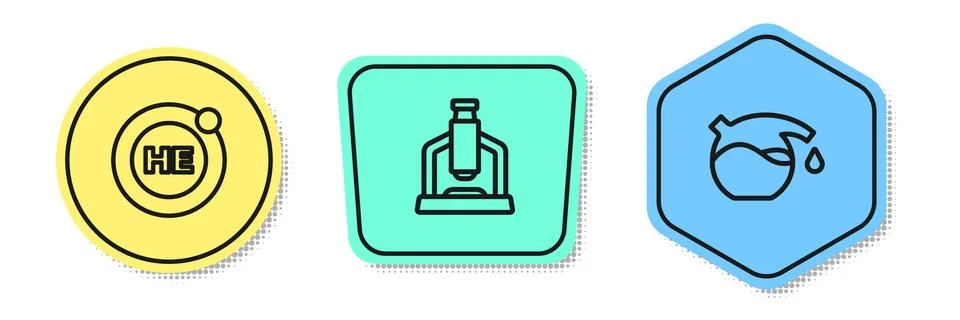 Set line Helium, Microscope and Test tube. Colored shapes. Vector Illustrazione stock