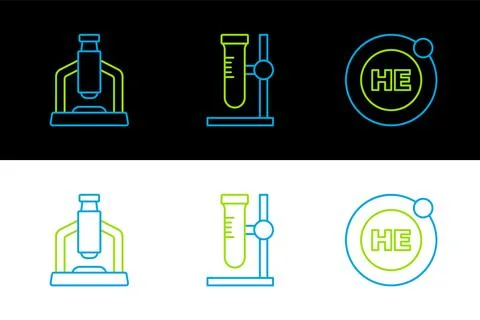 Set line Helium, Microscope and Test tube flask on stand icon. Vector Stock Illustration