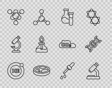 Set line Helium, Microscope, Test tube, Petri dish with bacteria, Molecule,.. Stock Illustration