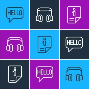 Set line Hello in different languages, Information and Headphones icon. Vector Stock Illustration