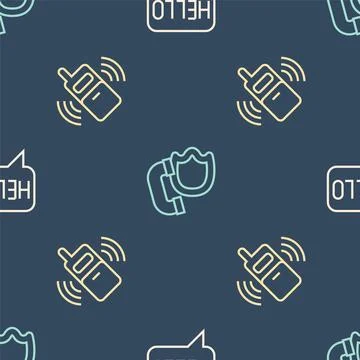 Set line Hello in different languages, Mobile phone and Telephone handset with Illustrazione stock