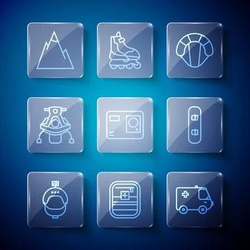 Set line Helmet and action camera, First aid kit, Ambulance emergency car Stock Illustration