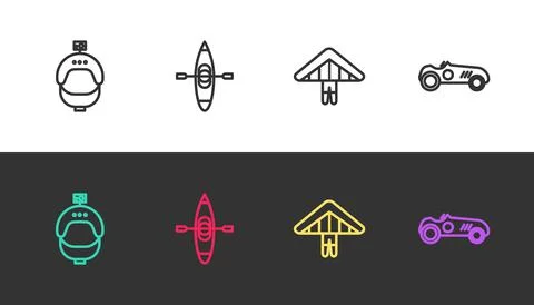 Set line Helmet and action camera, Kayak or canoe, Hang glider and Vintage sport Stock Illustration