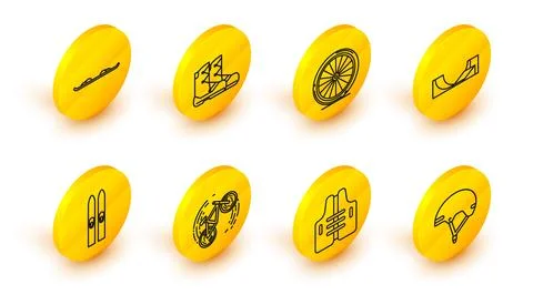 Set line Helmet, Life jacket, Bicycle trick, Ski and sticks, Skate park, wh.. Illustrazione stock
