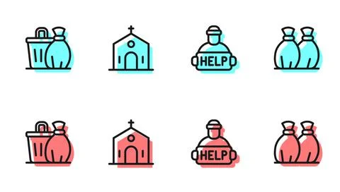 Set line Help homeless, Trash can, Church building and Garbage bag icon. Vector Ilustración de archivo