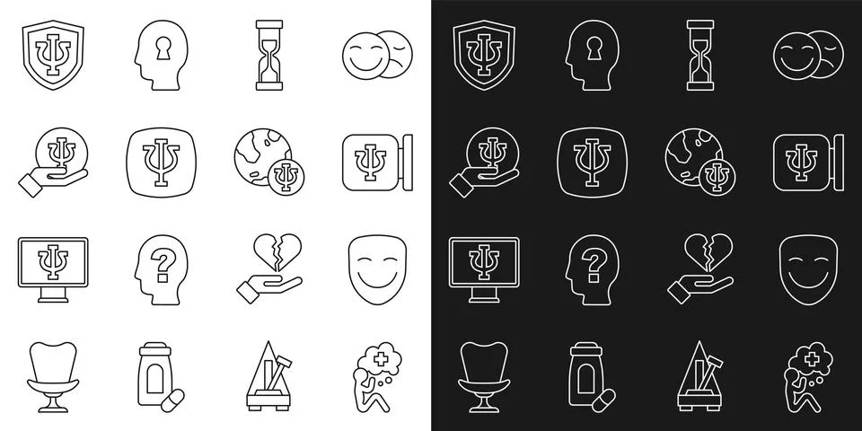 Set line Helping hand, Comedy theatrical mask, Psychology, Psi, Old hourgla.. Stock Illustration