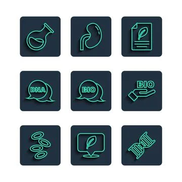 Set line Hemoglobin, Location with leaf, DNA symbol, Eco paper, Bio healthy food Stock Illustration