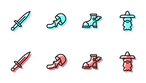 Set line Hermes sandal, Dagger, Psilocybin mushroom and Wizard warlock icon Stock-Illustration
