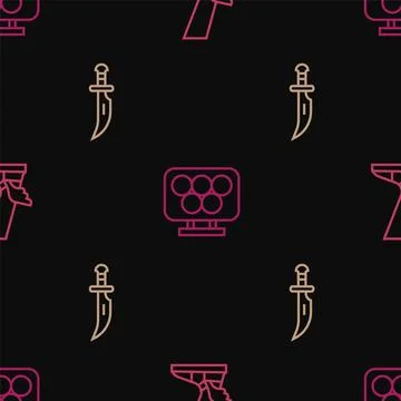 Set line Hermes sandal, Dagger and Olympic rings on seamless pattern. Vector Illustrazione stock