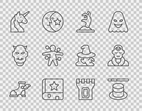 Set line Hermes sandal, Magic hat wand, Zombie hand, Ancient magic book, Unicorn Ilustración de archivo