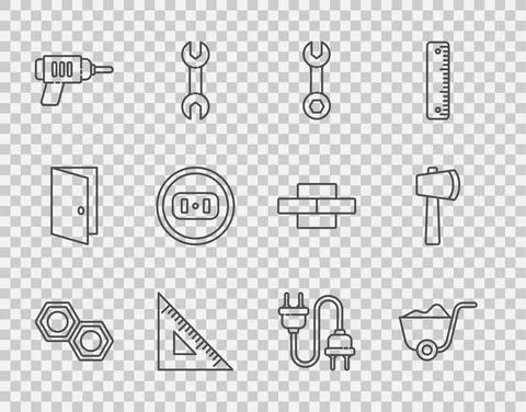 Set line Hexagonal metal nut, Shovel, Wrench spanner, Triangular ruler, Electric Illustrazione stock