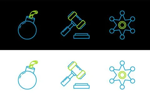 Set line Hexagram sheriff, Bomb ready to explode and Judge gavel icon. Vector Ilustración de archivo