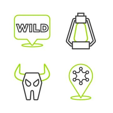 Set line Hexagram sheriff, Buffalo skull, Camping lantern and Pointer to wild 스톡 일러스트