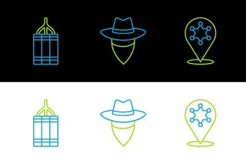 Set line Hexagram sheriff, Dynamite bomb and Cowboy icon. Vector Stock Illustration