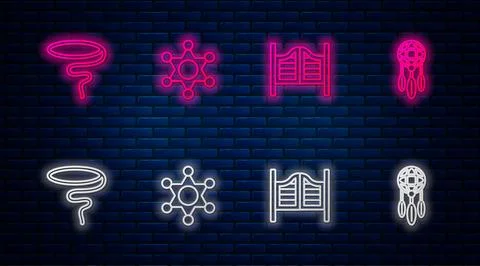 Set line Hexagram sheriff, Saloon door, Lasso and Dream catcher with feathe.. Stock Illustration