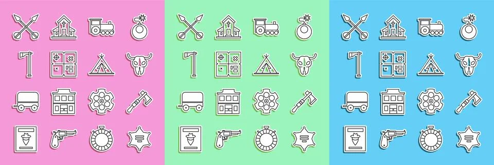 Set line Hexagram sheriff, Tomahawk axe, Buffalo skull, Retro train, Treasu.. 스톡 일러스트