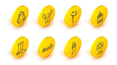 Set line Hexagram sheriff, Tooth, Kayak or canoe and paddle, Cowboy boot, D.. 스톡 일러스트