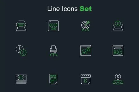Set line Hierarchy with dollar, Calendar, News, Stacks paper money cash, Pi.. Stock Illustration