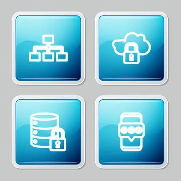 Set line Hierarchy organogram chart, Cloud computing lock, Server security with Stock Illustration