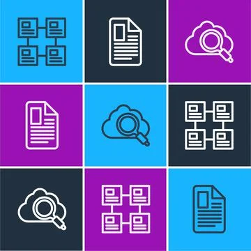 Set line Hierarchy organogram chart, Search cloud computing and File document Illustrazione stock