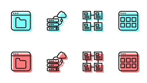 Set line Hierarchy organogram chart, Browser files, Network cloud connection and 스톡 일러스트