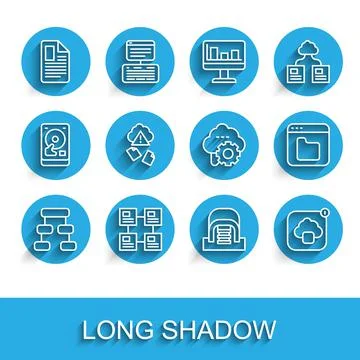 Set line Hierarchy organogram chart, File document, Hangar with servers, Cloud 库存插图