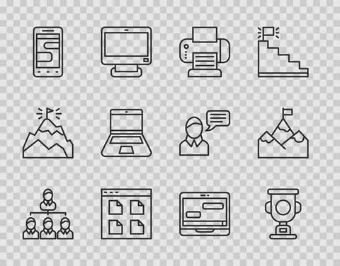 Set line Hierarchy organogram chart, Award cup, Printer, Browser files, Chat Stock Illustration