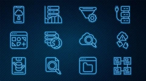 Set line Hierarchy organogram chart, Cloud hacking, Filter setting, Network 스톡 일러스트