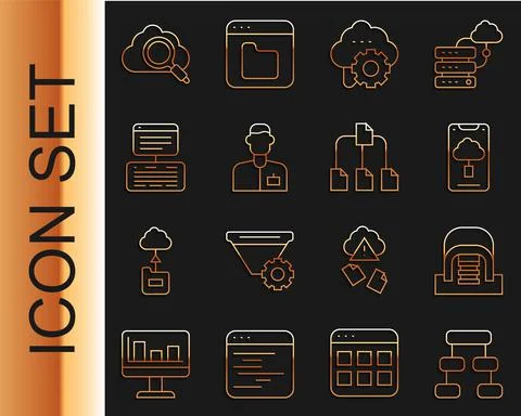 Set line Hierarchy organogram chart, Hangar with servers, Cloud technology data Stock Illustration