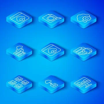 Set line Hierarchy organogram chart, Failed access cloud storage, Cloud Illustrazione stock