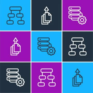 Set line Hierarchy organogram chart, Server and gear and Data export icon Stock Illustration