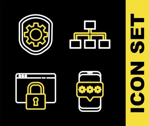 Set line Hierarchy organogram chart, Mobile and password, Secure your site with Illustrazione stock