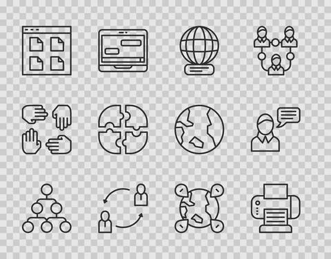 Set line Hierarchy organogram chart, Printer, Worldwide, Human resources Stock Illustration
