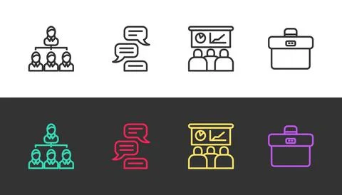 Set line Hierarchy organogram chart, Speech bubble chat, Training, presentation Stock Illustration