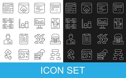 Set line Hierarchy organogram chart, Hangar with servers, Server, Data, Web Stockillustratie