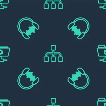 Set line Hierarchy organogram chart, Headphone and sound waves and FTP sync Stock Illustration