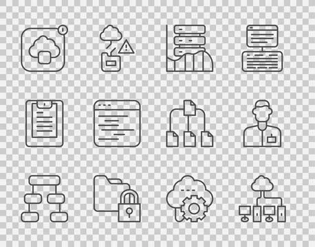 Set line Hierarchy organogram chart, Computer network, Server, Data, Web Hosting Stock-Illustration