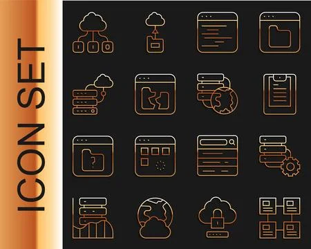 Set line Hierarchy organogram chart, Server and gear, Server, Data report Illustrazione stock