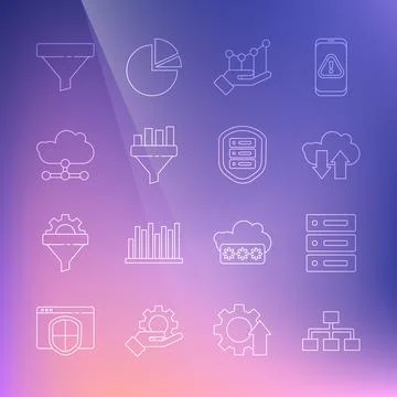 Set line Hierarchy organogram chart, Server, Data, Web Hosting, Cloud download Illustrazione stock