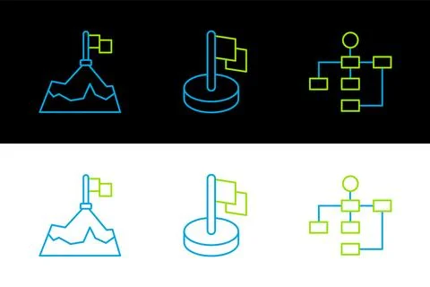 Set line Hierarchy organogram chart, Mountains with flag and Flag icon. Vecto Stock Illustration