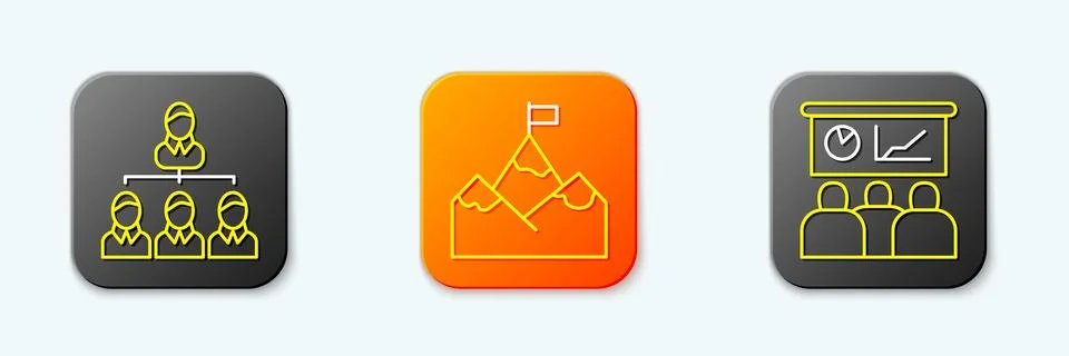 Set line Hierarchy organogram chart, Mountains with flag and Training, pres.. Stock Illustration