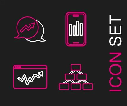 Set line Hierarchy organogram, Graph chart infographic, Mobile with and Illustrazione stock