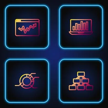 Set line Hierarchy organogram, Pie chart infographic, Graph and Laptop with Stock Illustration