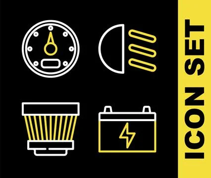 Set line High beam, Car battery, air filter and Speedometer icon. Vector Stock Illustration
