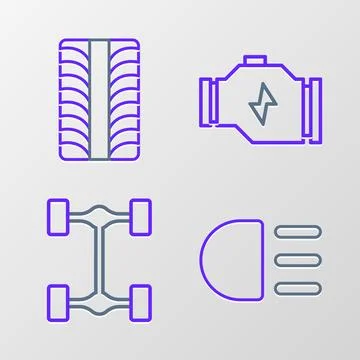 Set line High beam, Chassis car, Check engine and Car tire wheel icon. Vector Illustrazione stock